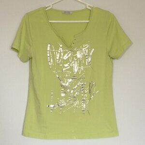 Dolcezza Womens Top T-Shirt Small Apple Green Silver Graphic Short Sleeve V-Neck